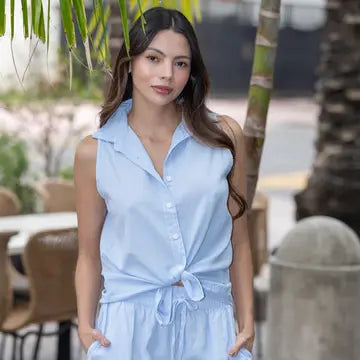 Cotton Natural Astra Sleeveless High-Low Button Up Cotton Top
