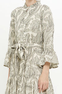 Oliphant Birch Taupe Ruffle Collar Maxi Dress