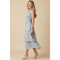 Pinch Striped Smocked Floral Midi Dress