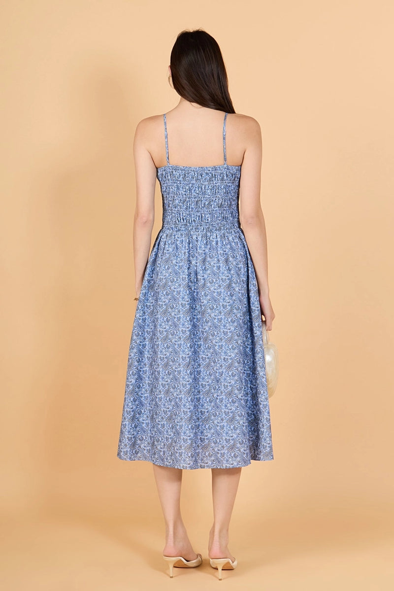 English Factory Checked Smocked Midi Dress - NAVY