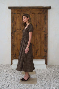 Moon River Plaid Shirred Puff Sleeve Midi Dress