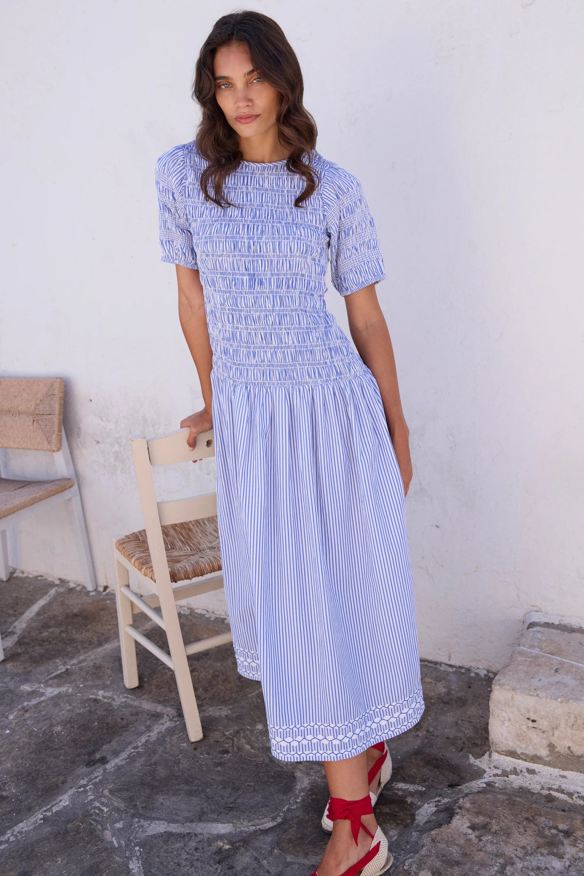 Oliphant Striped Smocked Drop Waist Maxi Dress