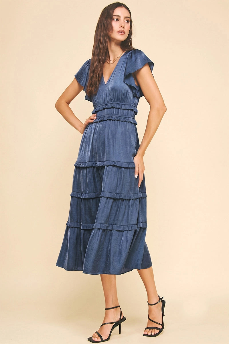 Pinch V-Neck Tiered Midi Dress