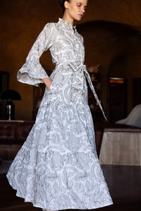 Oliphant Birch Taupe Ruffle Collar Maxi Dress