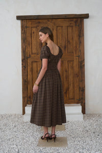 Moon River Plaid Shirred Puff Sleeve Midi Dress
