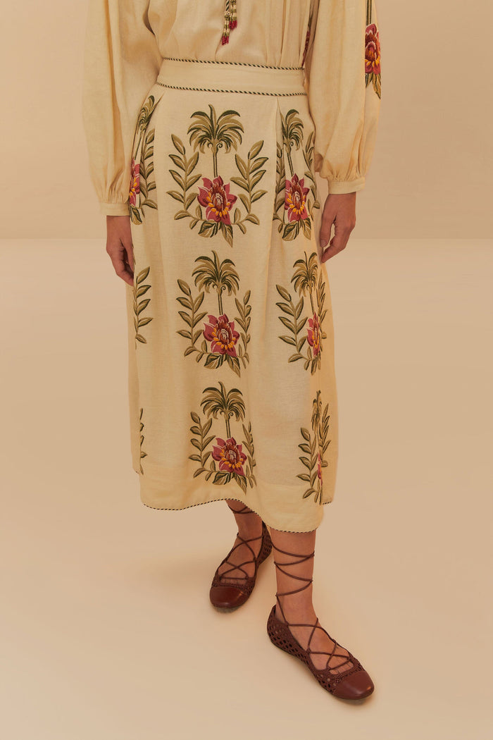 Farm Rio Tropical Flower Embroidered Sand Maxi Skirt