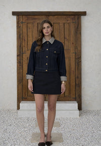 Moon River Contrast Plaid Collar Denim Jacket