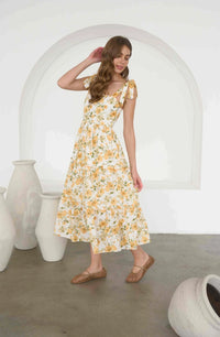 Moon River Floral Scalloped Neck Midi Dress