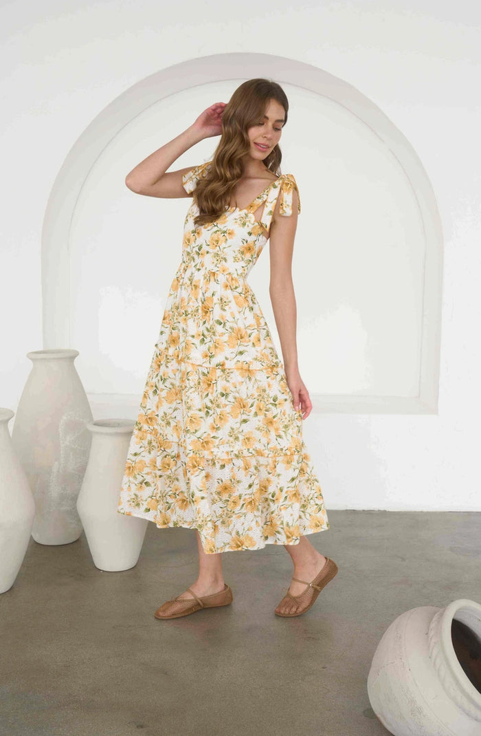 Moon River Floral Scalloped Neck Midi Dress