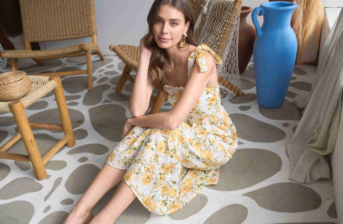 Moon River Floral Scalloped Neck Midi Dress