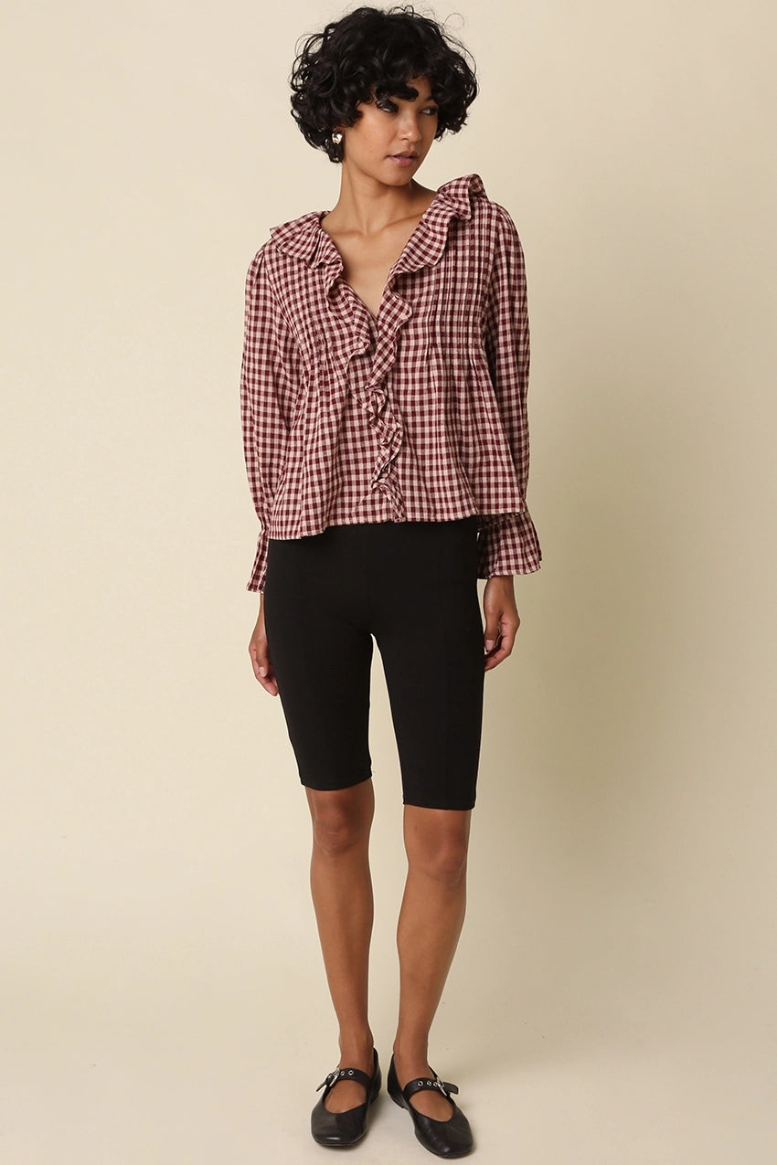 Olivaceous Hazel Gingham Ruffle Blouse
