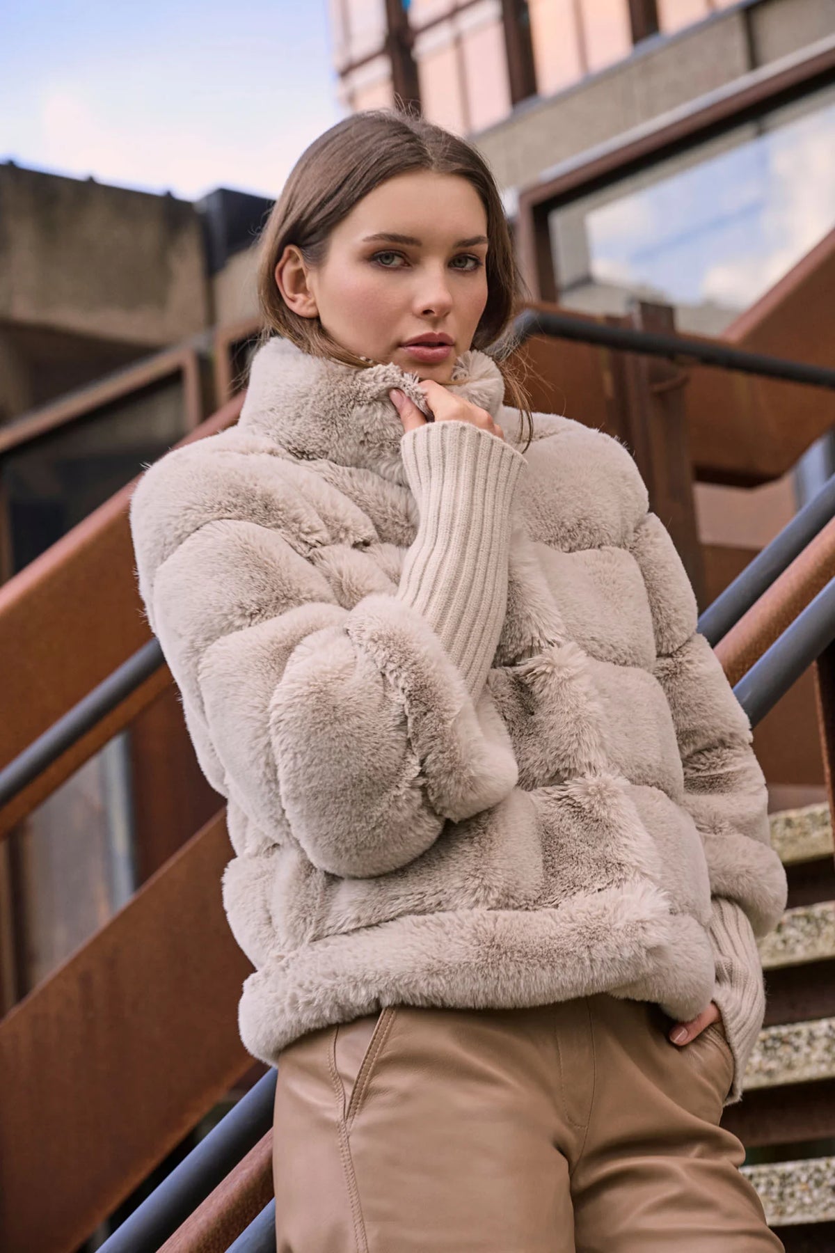 Rino & Pelle  Feline Faux Fur Jacket with Knit Sleeves