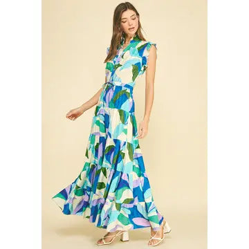 Pinch Leaf Print Tiered Maxi Dress
