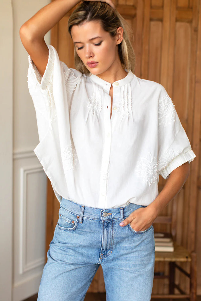 Emerson Fry French Knot Floral Mandarin Collar Top