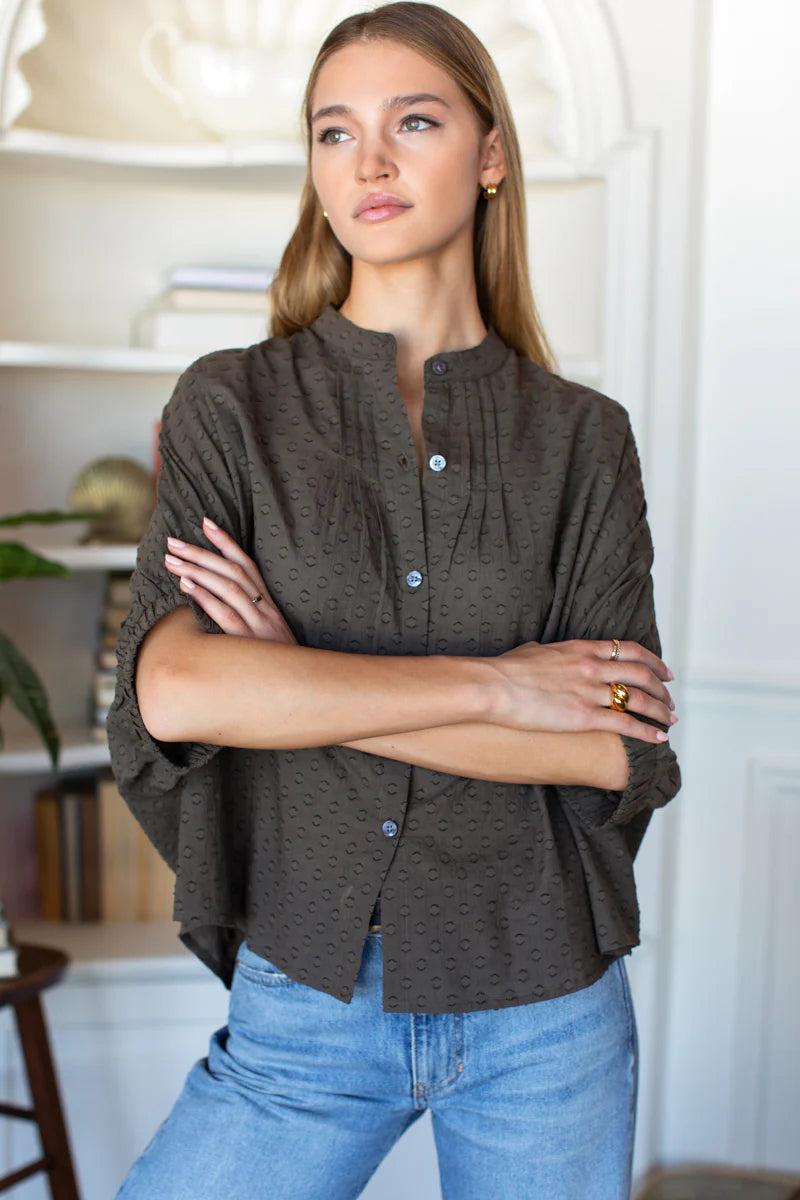 Emerson Fry Mandarin Collar Top Olive Grove Swiss