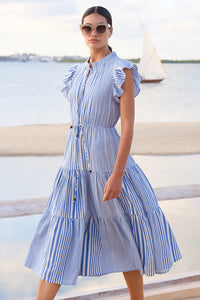 Oliphant Cinched Flirty Striped Henley Midi Dress