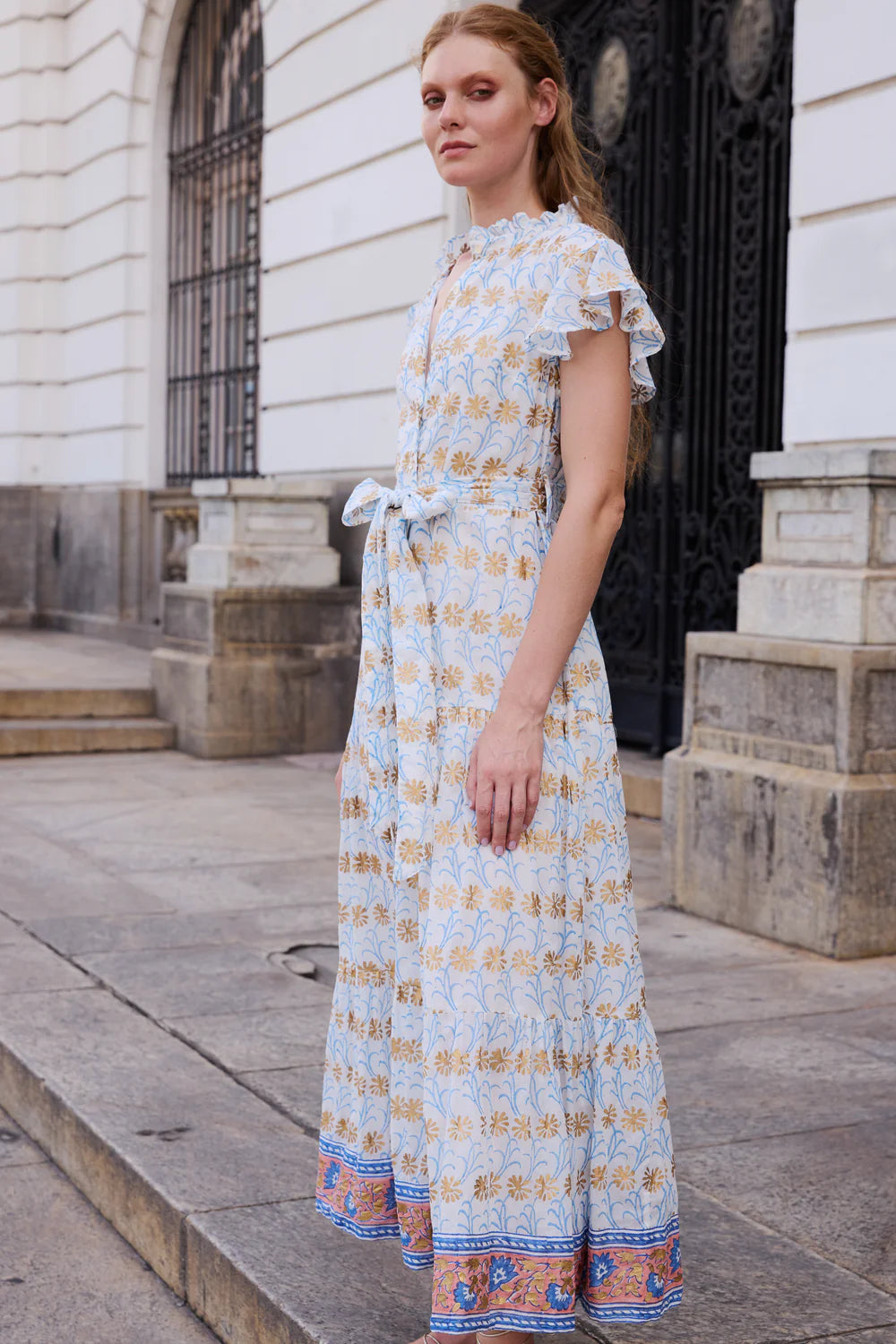 Oliphant Ruffle Collar Button Maxi Geneva Blue