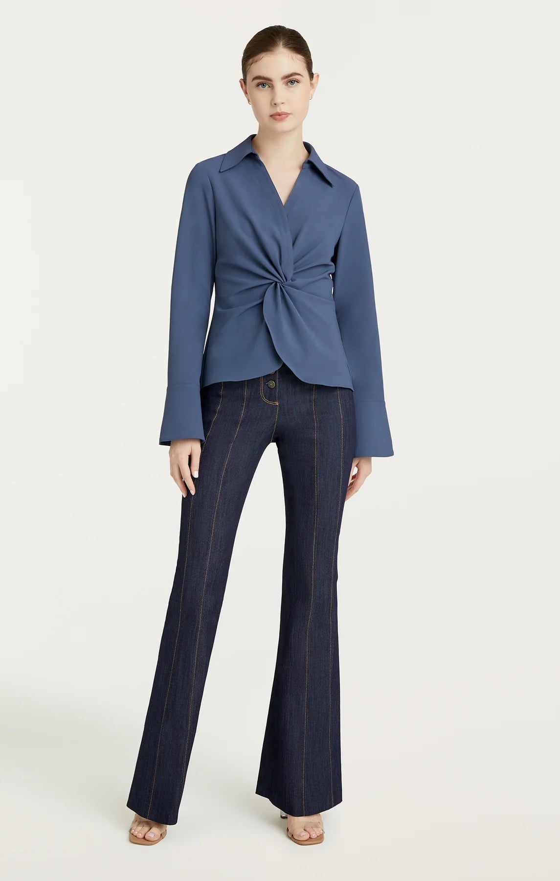 $295 Cinq à Sept Women's Blue Faux-Leather Twisted McKenna Blouse Top Size  M