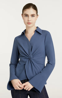 $295 Cinq à Sept Women's Blue Faux-Leather Twisted McKenna Blouse Top Size  M